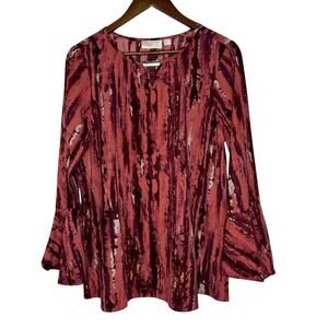 Belle by Kim Gravel Red Abstract Print Tunic Top M Bell Sleeves Bold Artistic